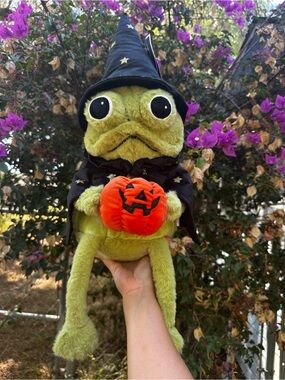 Moonlight Manor Wizard Frog Plush Weighted Green with Black Hat Cape Pumpkin NWT